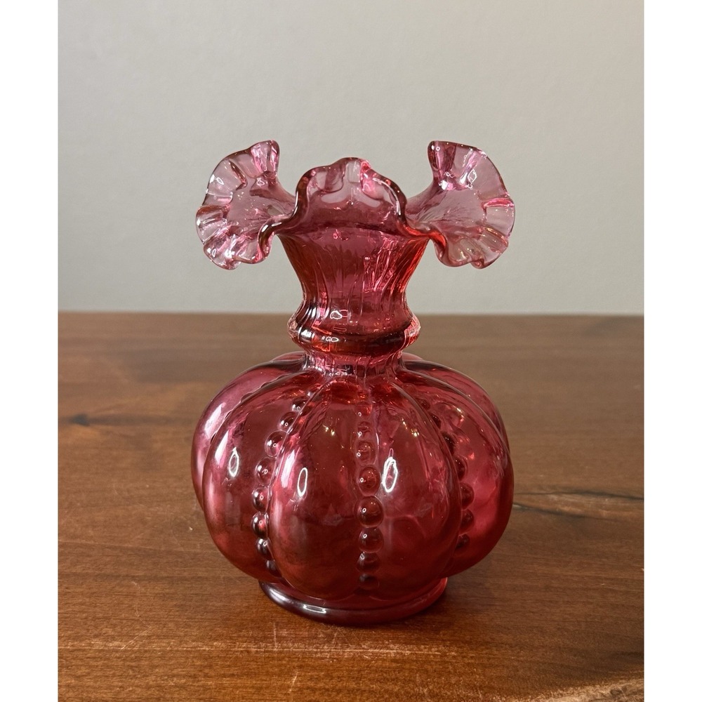 Fenton Cranberry Glass Ruffled Rim Vase Melon Ribbed Optic Beaded Vase 5.5"